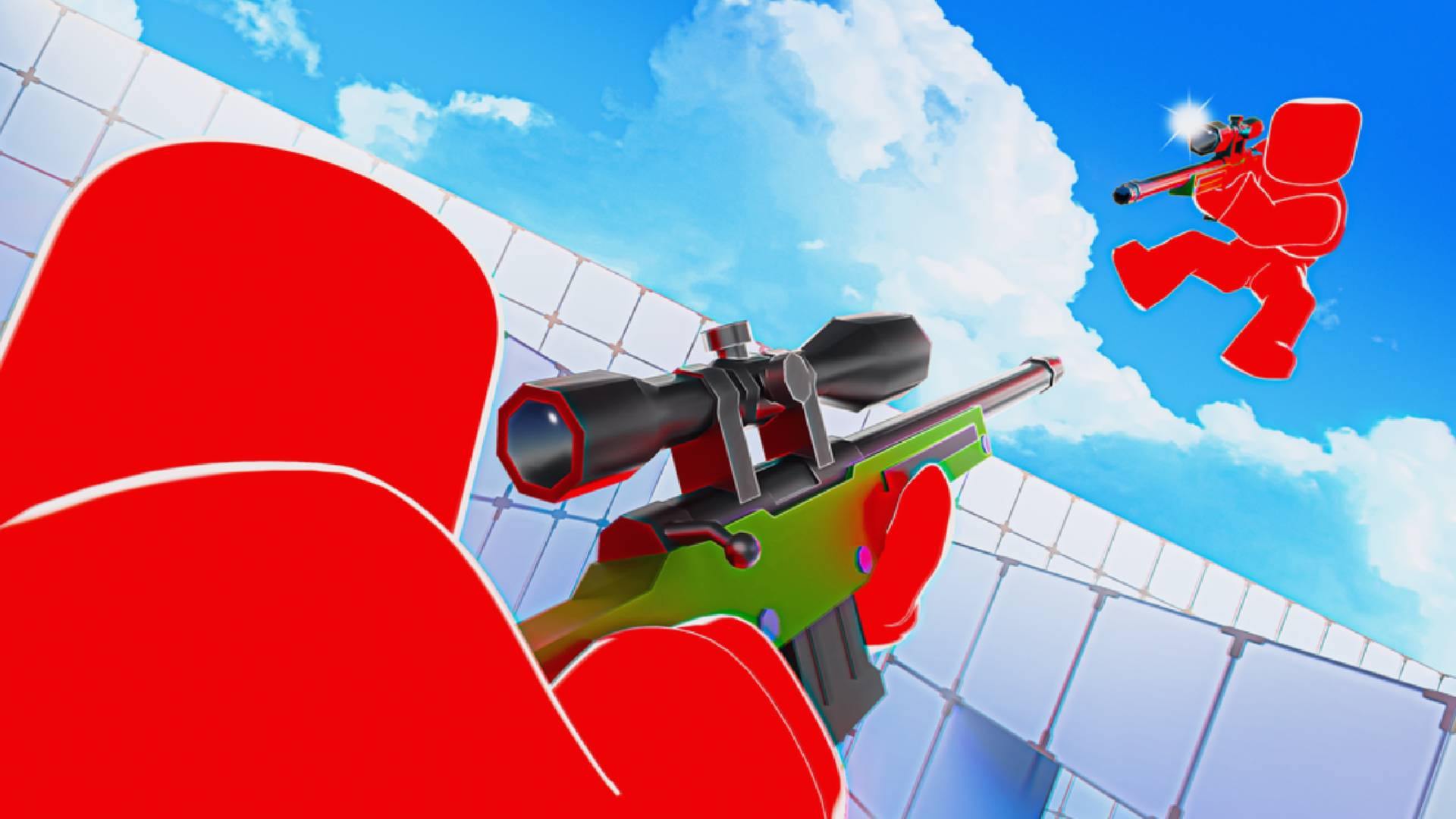 Roblox-style arena scene with red characters and scoped rifles against a bright blue sky